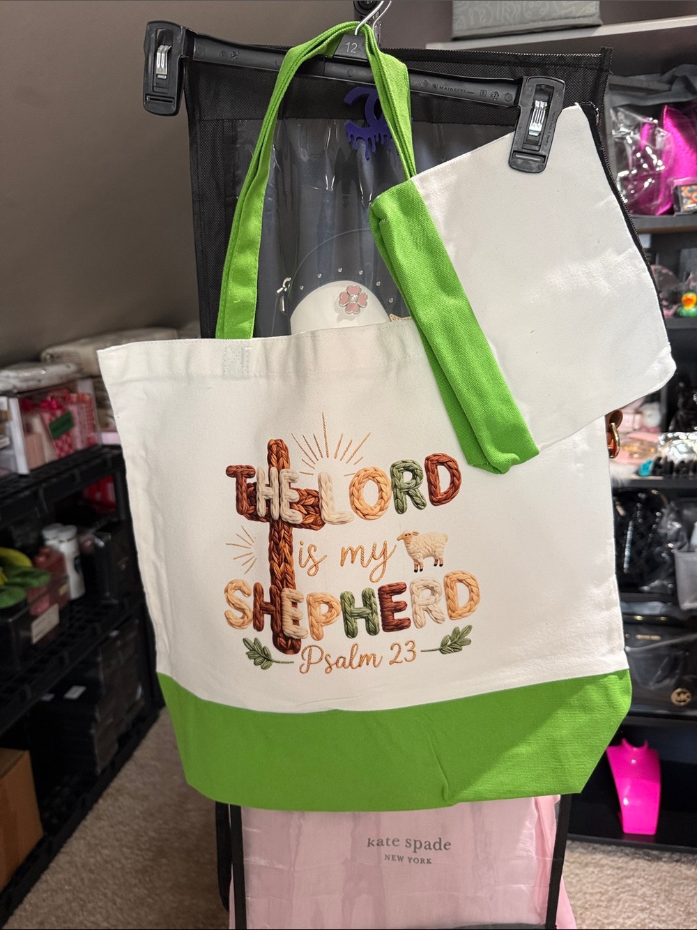 White and Bright Green Canvas Psalm 23 Tote with Pouch